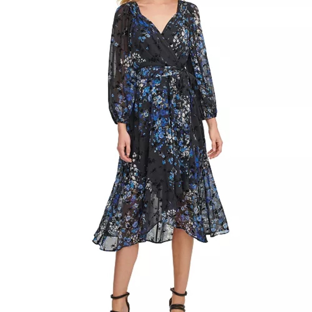 DKNY Floral-Print Balloon-Sleeve Faux-Wrap Dress - Picture 2 of 6